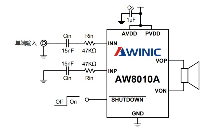 艾为音频功率放大器aw8010afcr端输入方式应用图